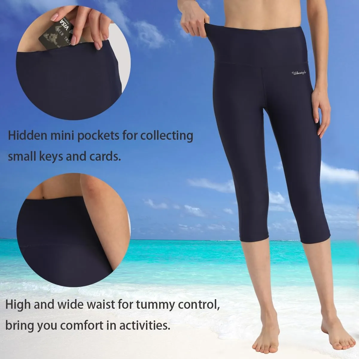 Ubestyle UPF 50  High Waist Swim Leggings for Women Swim Capris Swim Pant Swim Tights Beach Pants Sun Protective
