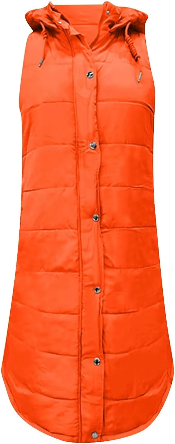 uhnmki Women's Long Puffer Vest Jacket Sleveless Hoodies Full Zipper Sleeveless Down Coats Thickened Warm Windbreakers
