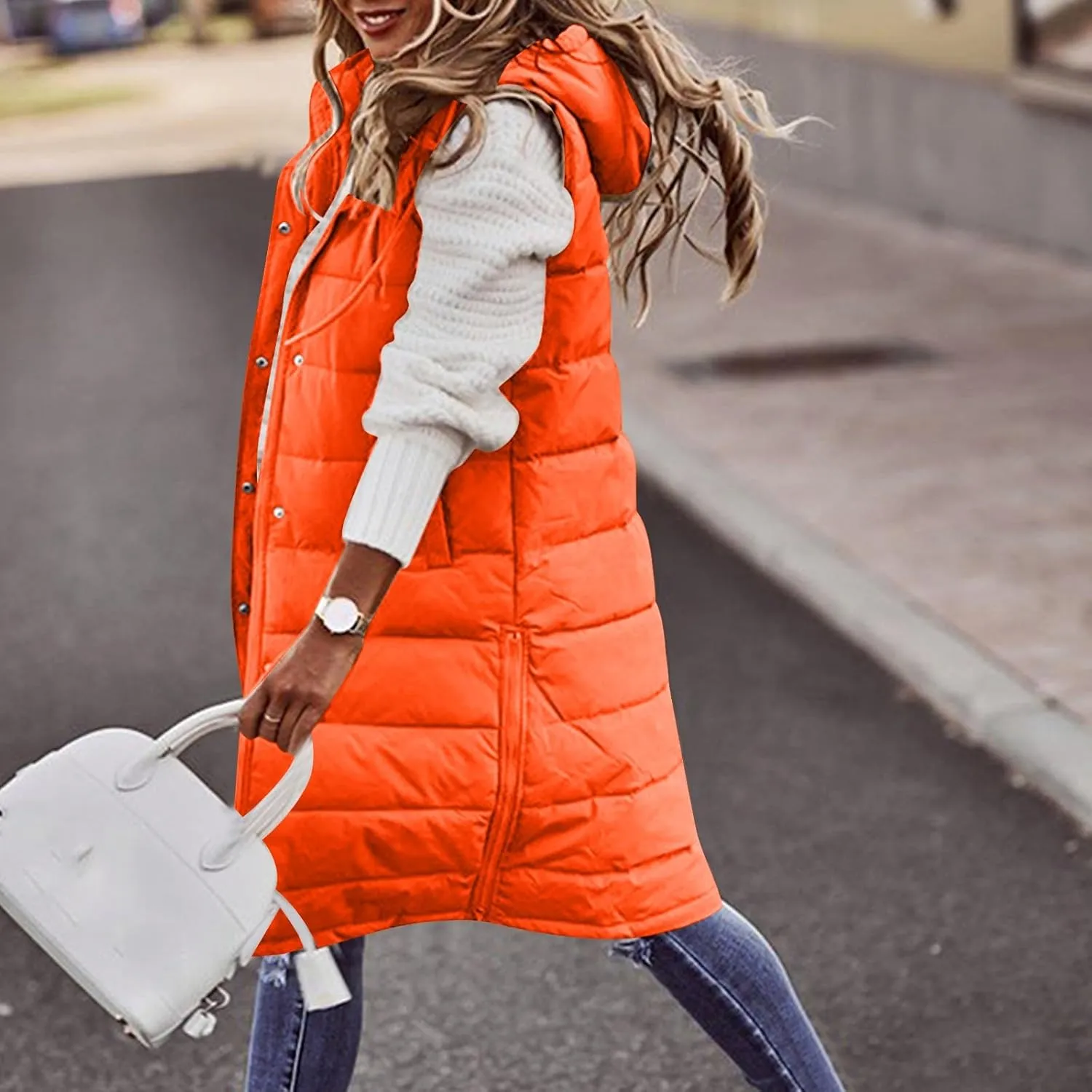 uhnmki Women's Long Puffer Vest Jacket Sleveless Hoodies Full Zipper Sleeveless Down Coats Thickened Warm Windbreakers