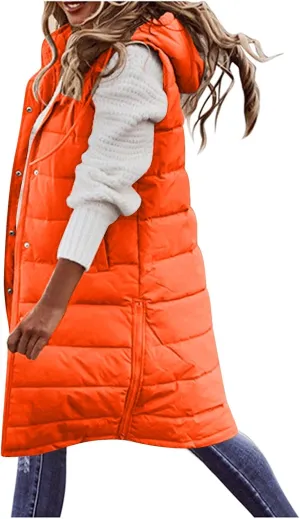 uhnmki Women's Long Puffer Vest Jacket Sleveless Hoodies Full Zipper Sleeveless Down Coats Thickened Warm Windbreakers