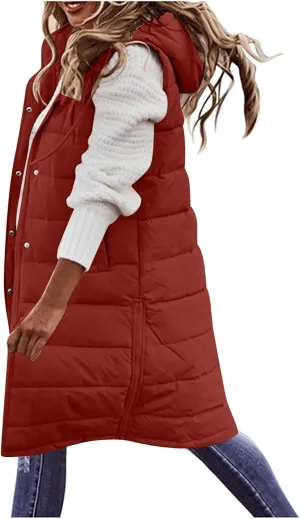 uhnmki Women's Long Puffer Vest Jacket Sleveless Hoodies Full Zipper Sleeveless Down Coats Thickened Warm Windbreakers