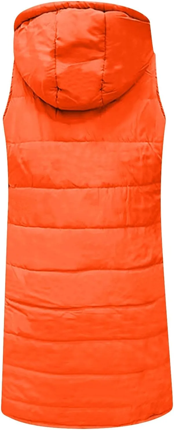 uhnmki Women's Long Puffer Vest Jacket Sleveless Hoodies Full Zipper Sleeveless Down Coats Thickened Warm Windbreakers