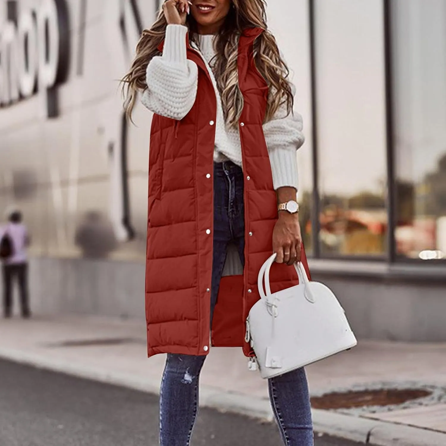 uhnmki Women's Long Puffer Vest Jacket Sleveless Hoodies Full Zipper Sleeveless Down Coats Thickened Warm Windbreakers