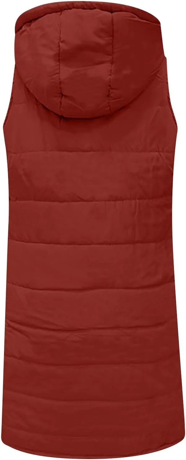 uhnmki Women's Long Puffer Vest Jacket Sleveless Hoodies Full Zipper Sleeveless Down Coats Thickened Warm Windbreakers