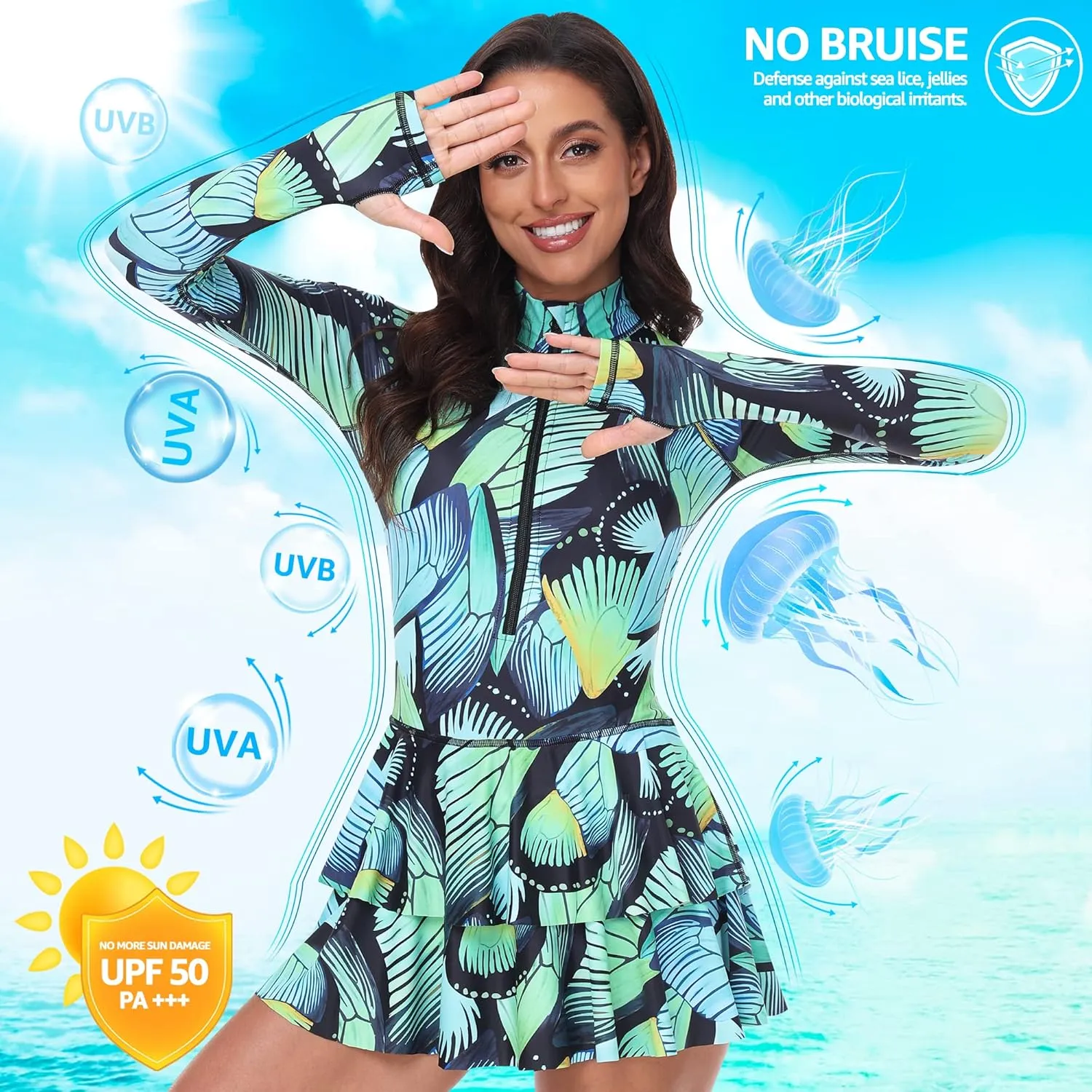 UNIQUEBELLA Rash Guard for Women, 1 Piece Modest Swimsuits for Women - Long Sleeve Swimsuits UV UPF 50  Swim Shirt