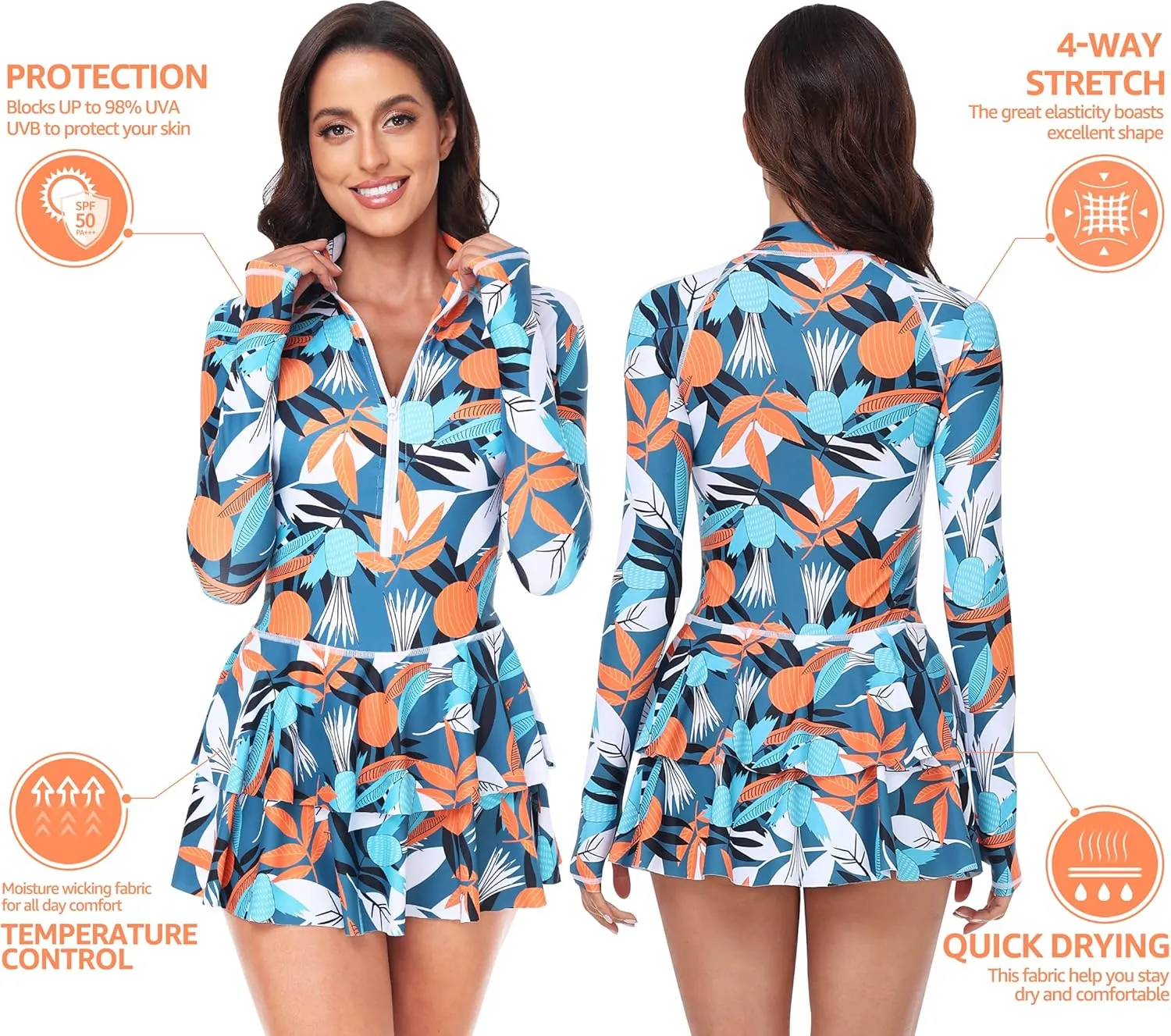 UNIQUEBELLA Rash Guard for Women, 1 Piece Modest Swimsuits for Women - Long Sleeve Swimsuits UV UPF 50  Swim Shirt