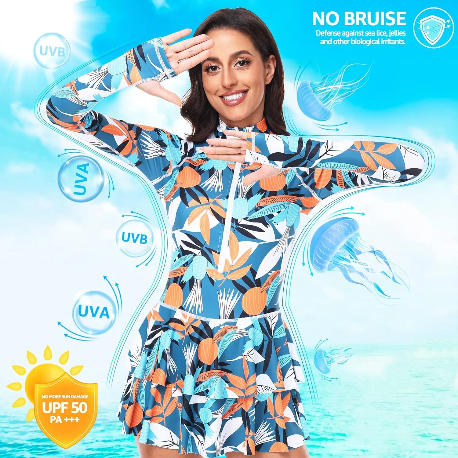 UNIQUEBELLA Rash Guard for Women, 1 Piece Modest Swimsuits for Women - Long Sleeve Swimsuits UV UPF 50  Swim Shirt