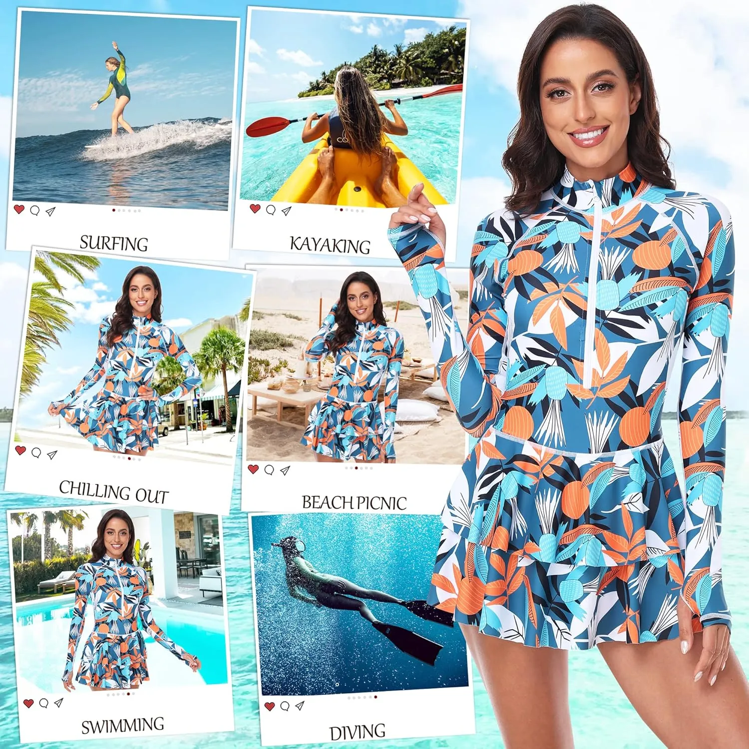 UNIQUEBELLA Rash Guard for Women, 1 Piece Modest Swimsuits for Women - Long Sleeve Swimsuits UV UPF 50  Swim Shirt