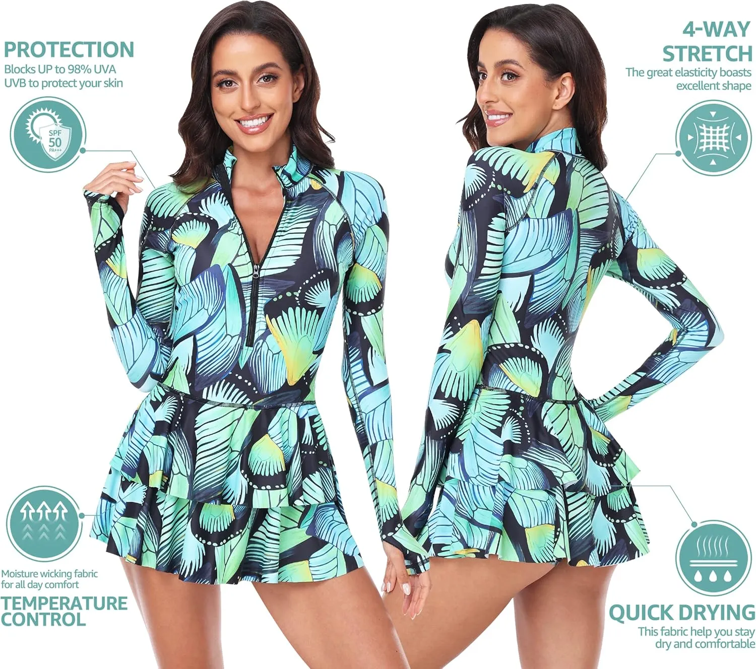 UNIQUEBELLA Rash Guard for Women, 1 Piece Modest Swimsuits for Women - Long Sleeve Swimsuits UV UPF 50  Swim Shirt