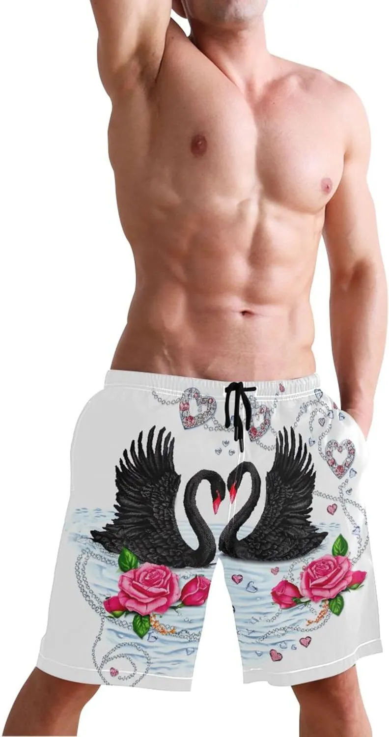 Valentine Swans Roses Hearts Swim Trunks for Men Quick Dry Elastic Waist Surf Mens Swimming Shorts S