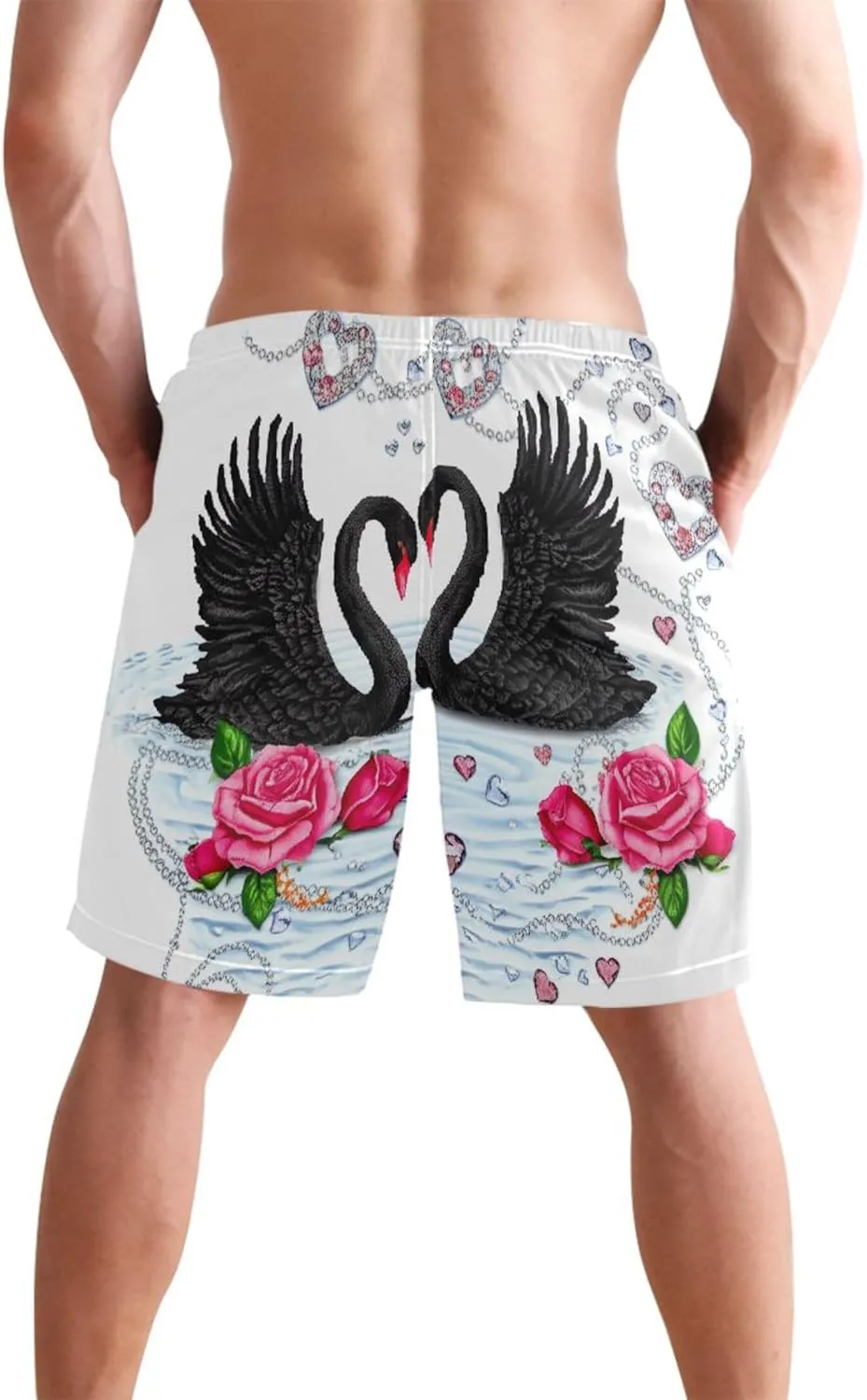 Valentine Swans Roses Hearts Swim Trunks for Men Quick Dry Elastic Waist Surf Mens Swimming Shorts S