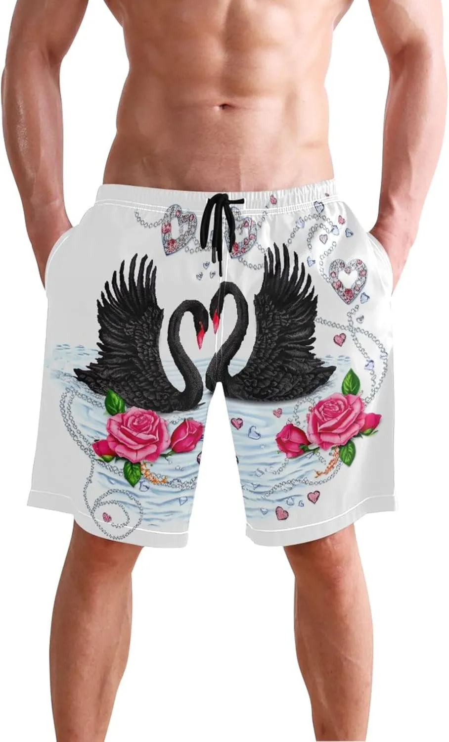 Valentine Swans Roses Hearts Swim Trunks for Men Quick Dry Elastic Waist Surf Mens Swimming Shorts S