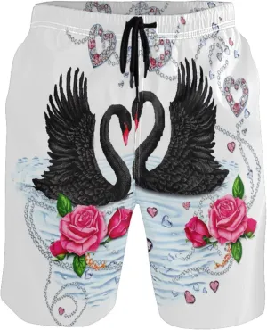 Valentine Swans Roses Hearts Swim Trunks for Men Quick Dry Elastic Waist Surf Mens Swimming Shorts S
