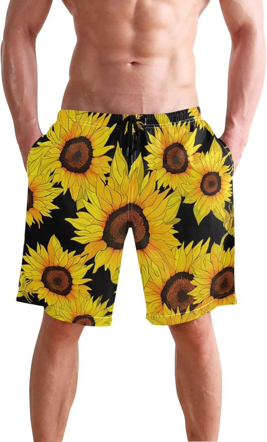 Vibrant Sunflowers Black Men's Swim Trunks Funny Beach Swimming Shorts Vacation Swimwear Bathing Shorts S