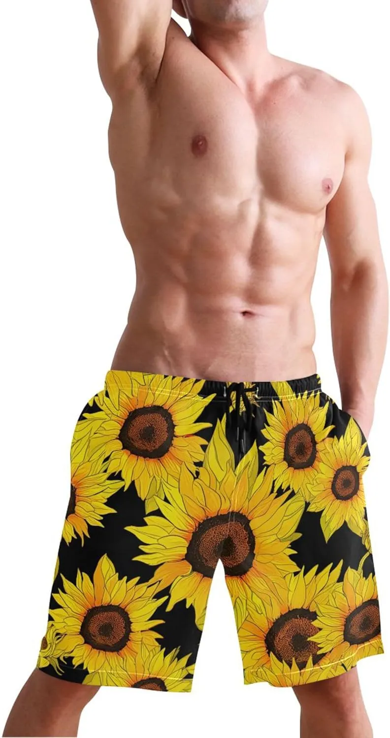 Vibrant Sunflowers Black Men's Swim Trunks Funny Beach Swimming Shorts Vacation Swimwear Bathing Shorts S