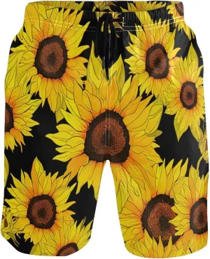 Vibrant Sunflowers Black Men's Swim Trunks Funny Beach Swimming Shorts Vacation Swimwear Bathing Shorts S