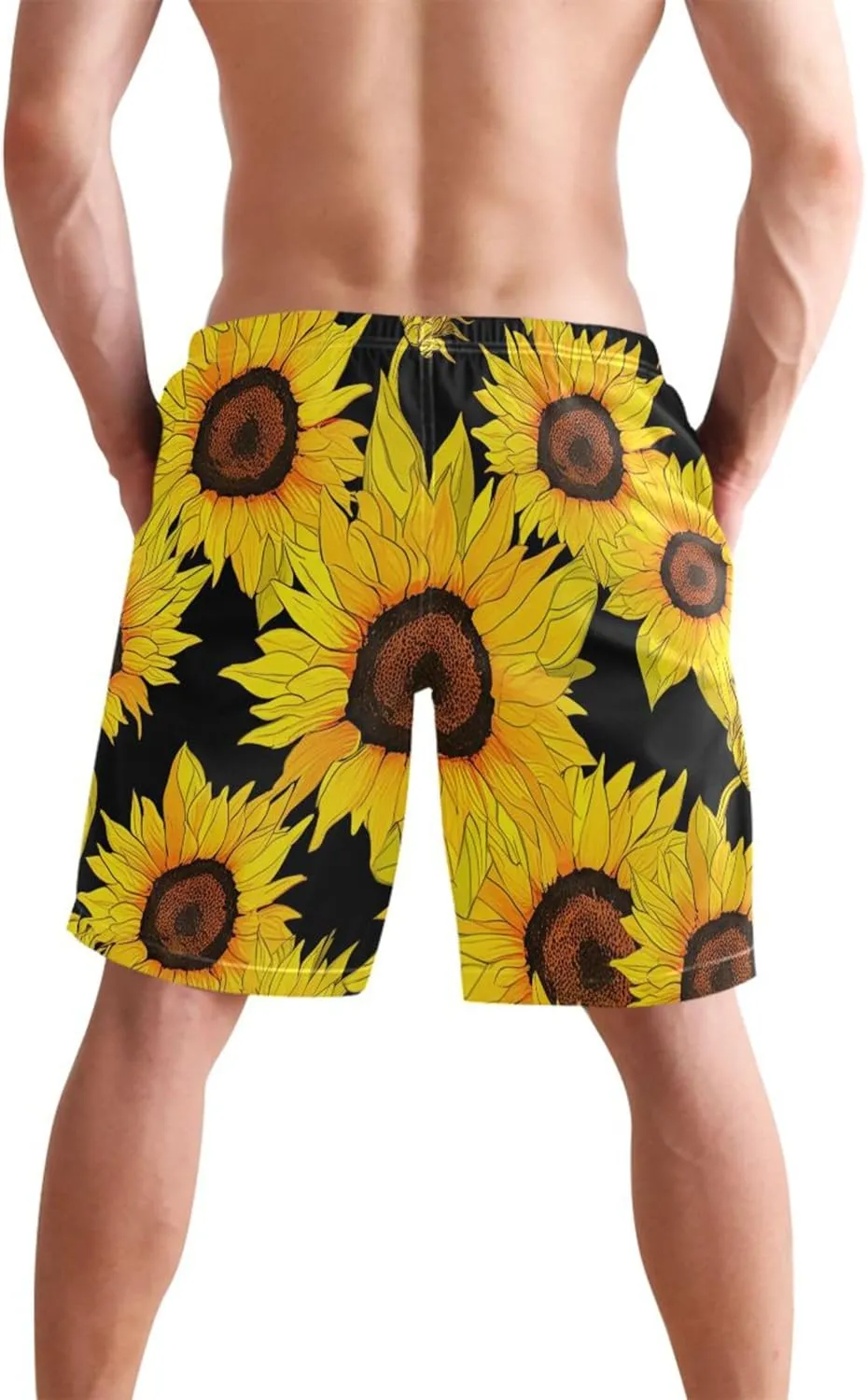 Vibrant Sunflowers Black Men's Swim Trunks Funny Beach Swimming Shorts Vacation Swimwear Bathing Shorts S