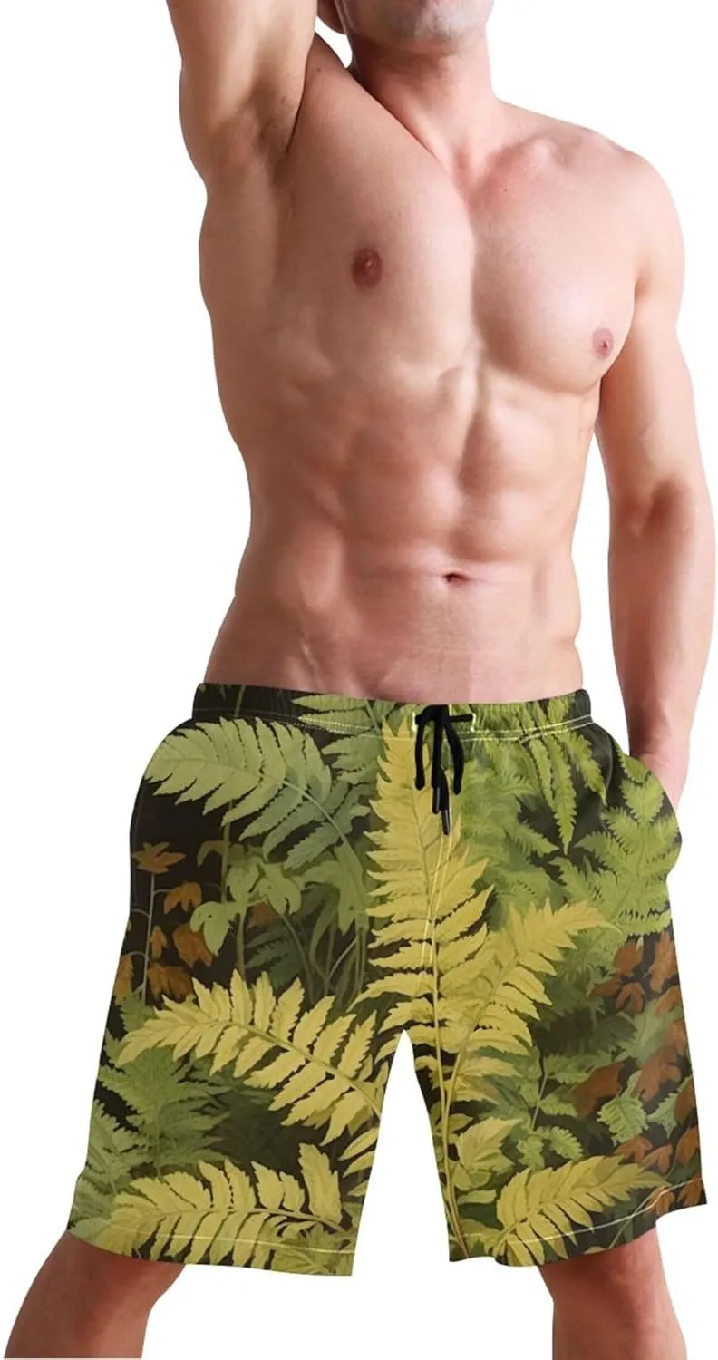 Vintage Fern Botanical Green Cute Swim Trunks Men Swimwear Quick Dry Surf Board Swimming Shorts S