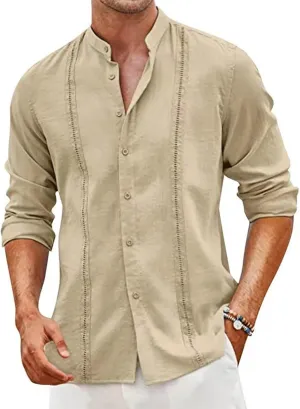 Vintage Long Sleeve T Shirts Mens Linen Outdoor Summer Comfort Tee Top Cool Buttons Henley Solid Tunic Blouses