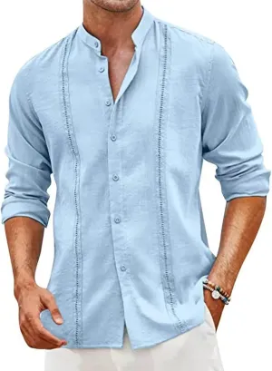 Vintage Long Sleeve T Shirts Mens Linen Outdoor Summer Comfort Tee Top Cool Buttons Henley Solid Tunic Blouses