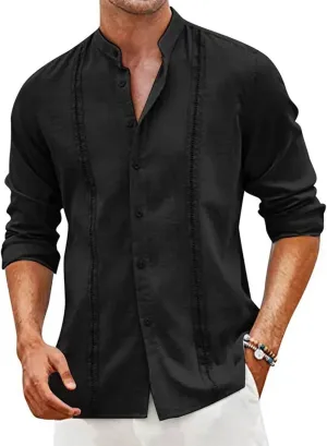 Vintage Long Sleeve T Shirts Mens Linen Outdoor Summer Comfort Tee Top Cool Buttons Henley Solid Tunic Blouses