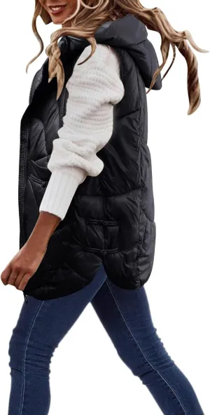 WABEOR Womens Long Puffer Vest Jacket Hooded Quilted Sleeveless Down Coats Winter Thickened Warm Zip Up Outwear Windbreakers