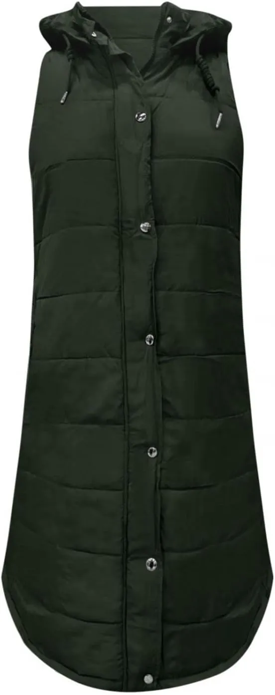 WABEOR Womens Long Puffer Vest Jacket Hooded Quilted Sleeveless Down Coats Winter Thickened Warm Zip Up Outwear Windbreakers