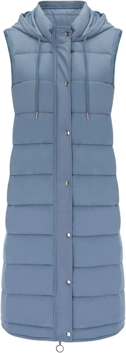WABEOR Womens Long Puffer Vest Jacket Hooded Quilted Sleeveless Down Coats Winter Thickened Warm Zip Up Outwear Windbreakers