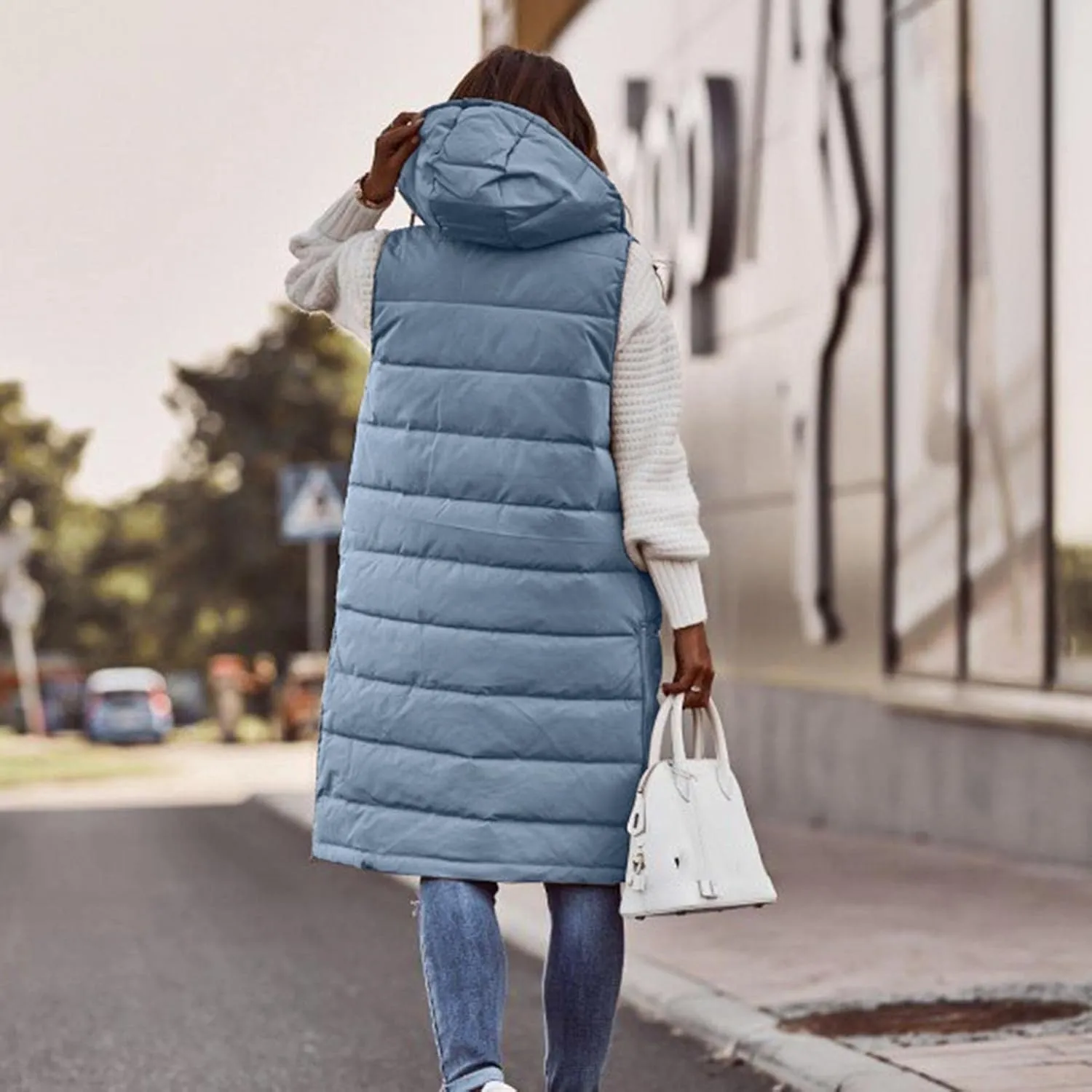 WABEOR Womens Long Puffer Vest Jacket Hooded Quilted Sleeveless Down Coats Winter Thickened Warm Zip Up Outwear Windbreakers