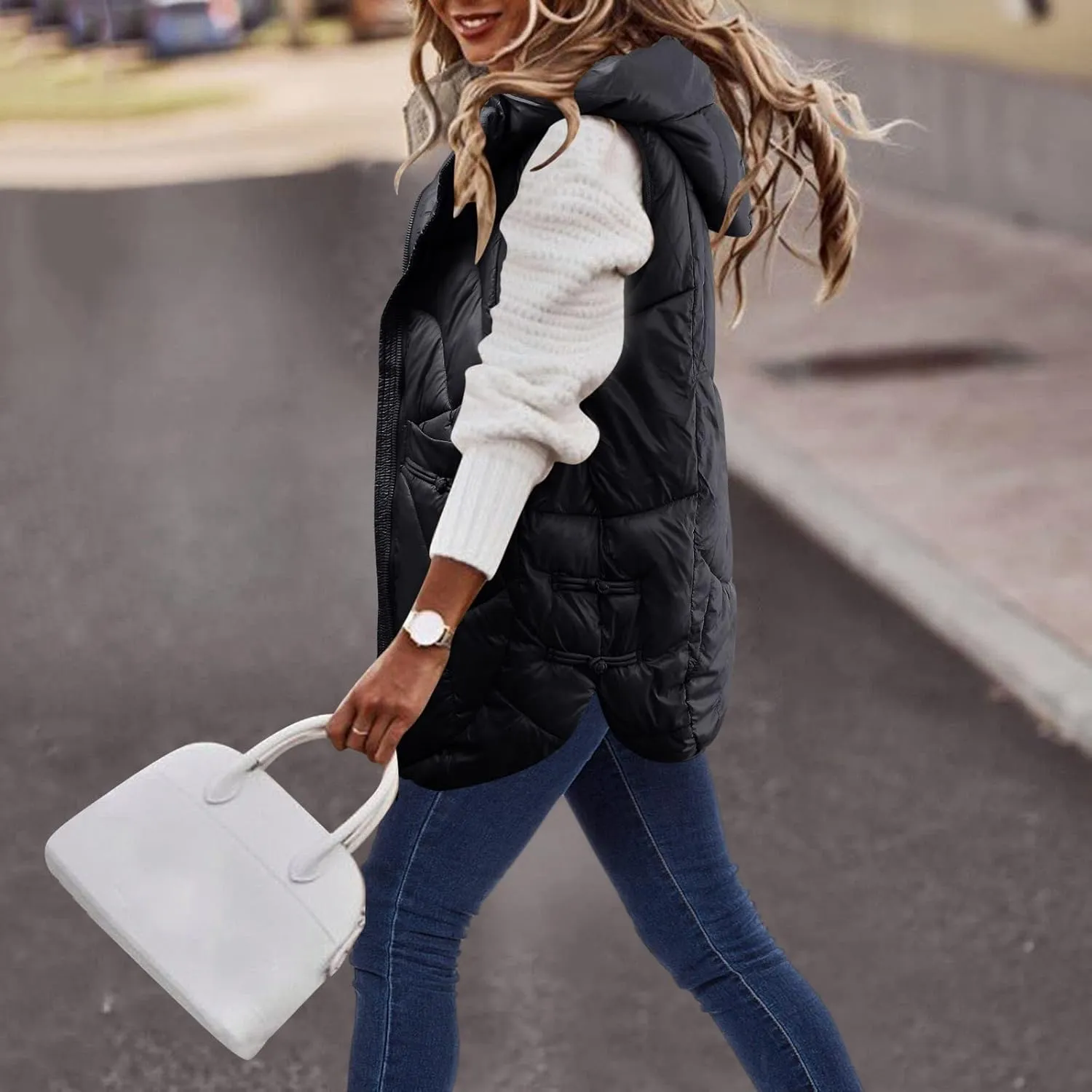 WABEOR Womens Long Puffer Vest Jacket Hooded Quilted Sleeveless Down Coats Winter Thickened Warm Zip Up Outwear Windbreakers