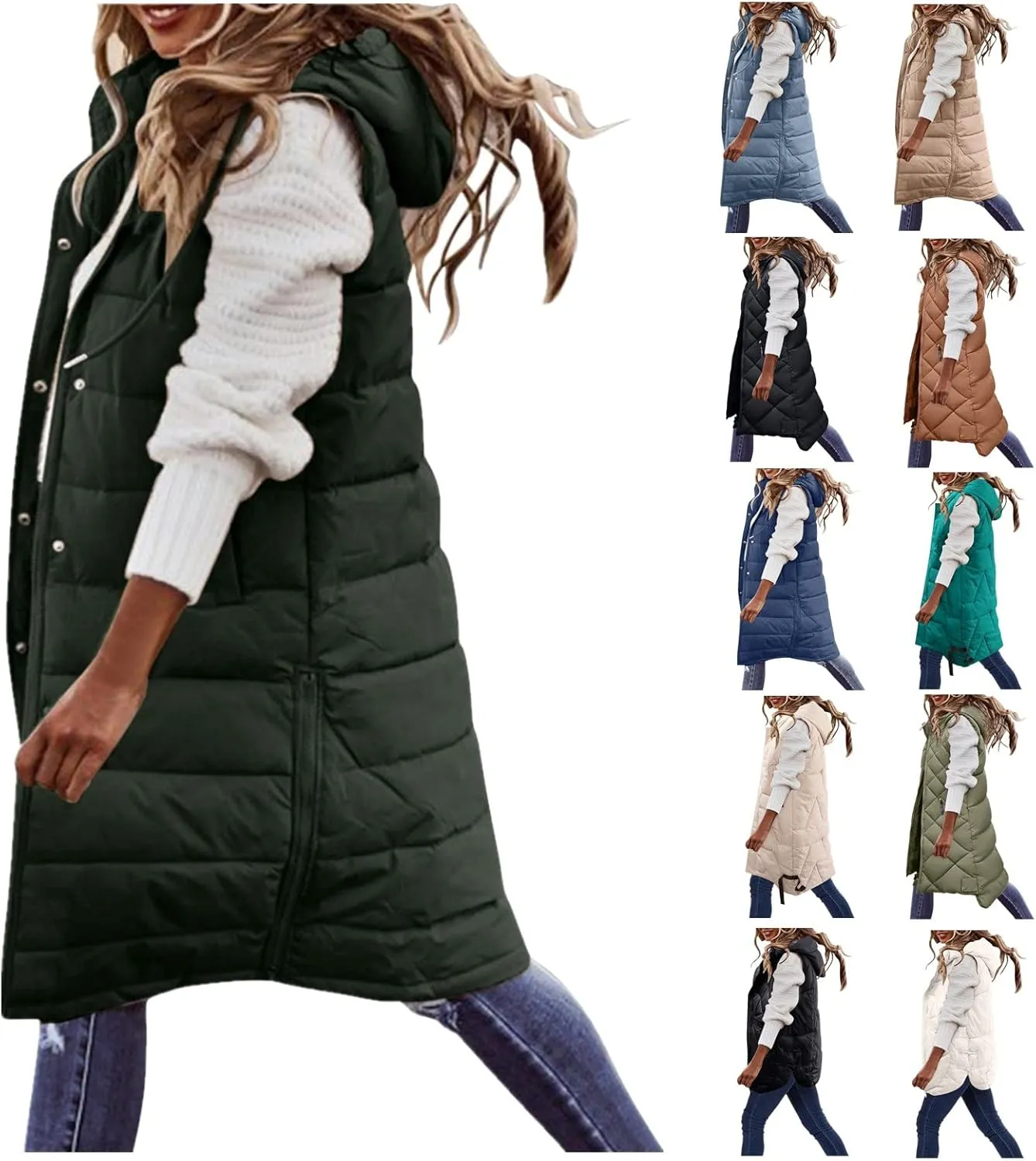 WABEOR Womens Long Puffer Vest Jacket Hooded Quilted Sleeveless Down Coats Winter Thickened Warm Zip Up Outwear Windbreakers