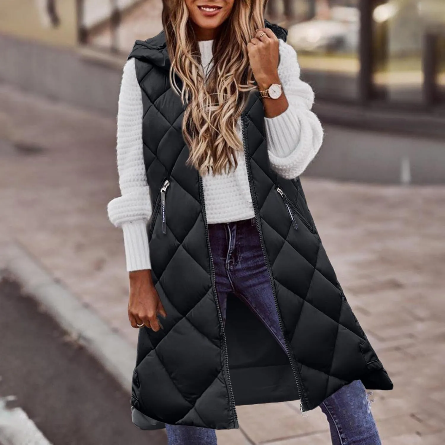 WABEOR Womens Long Puffer Vest Jacket Hooded Quilted Sleeveless Down Coats Winter Thickened Warm Zip Up Outwear Windbreakers