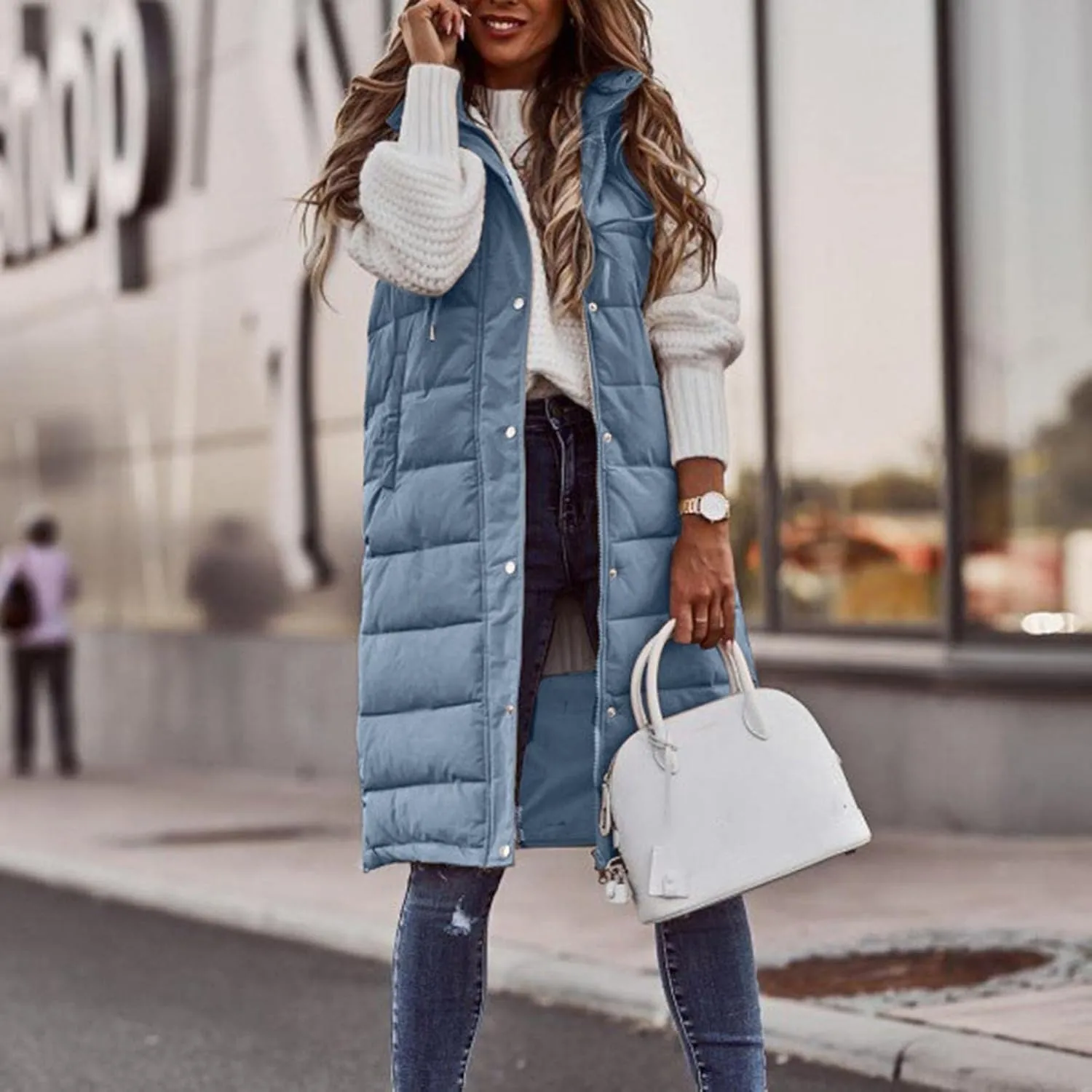 WABEOR Womens Long Puffer Vest Jacket Hooded Quilted Sleeveless Down Coats Winter Thickened Warm Zip Up Outwear Windbreakers