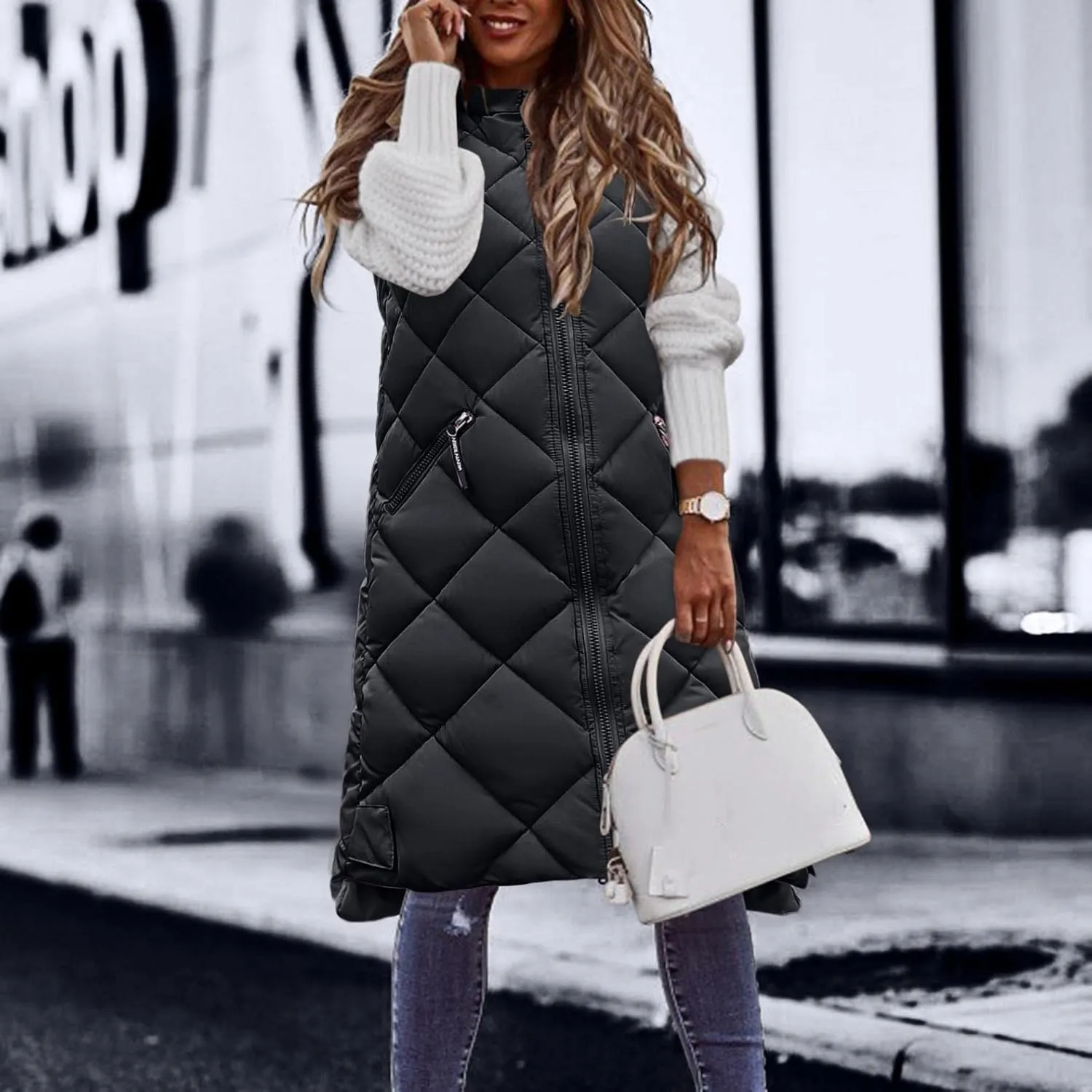 WABEOR Womens Long Puffer Vest Jacket Hooded Quilted Sleeveless Down Coats Winter Thickened Warm Zip Up Outwear Windbreakers