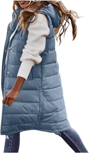WABEOR Womens Long Puffer Vest Jacket Hooded Quilted Sleeveless Down Coats Winter Thickened Warm Zip Up Outwear Windbreakers