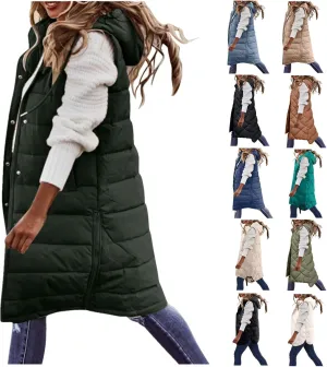 WABEOR Womens Long Puffer Vest Jacket Hooded Quilted Sleeveless Down Coats Winter Thickened Warm Zip Up Outwear Windbreakers