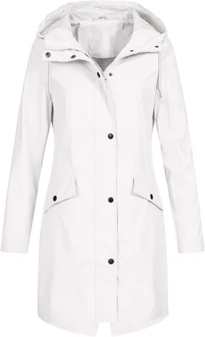 Waterproof Jackets for Women Solid Hooded Rain Jacket Outdoor Plus Size Long Windbreaker Zipper Coat with Pockets