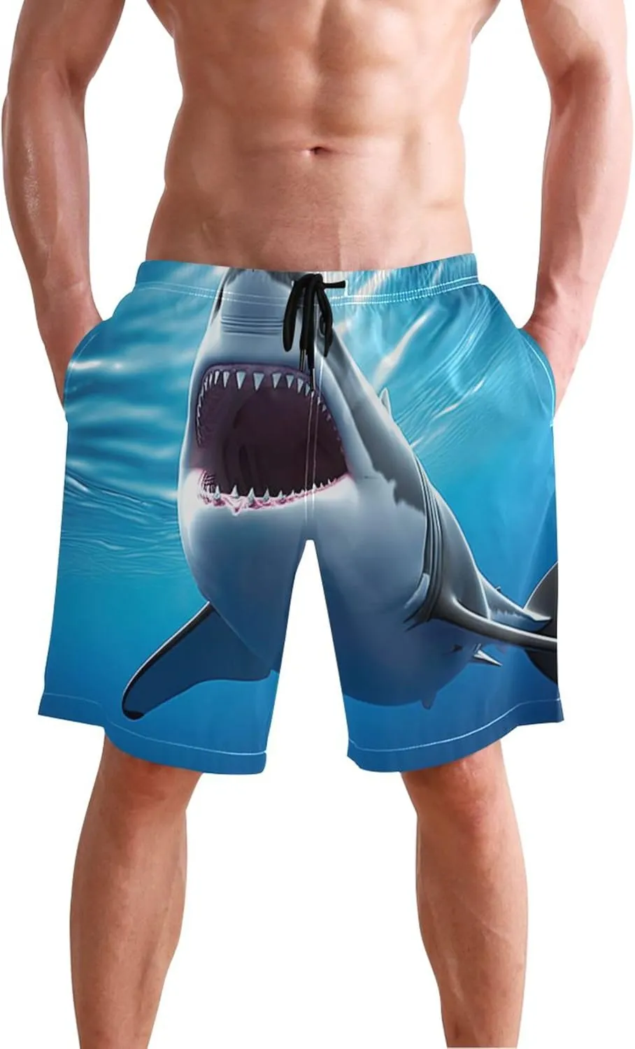 White Shark Blue Ocean Beach Swimming Shorts Men Swim Trunks Funny Hawaiian Drawstring Shorts S