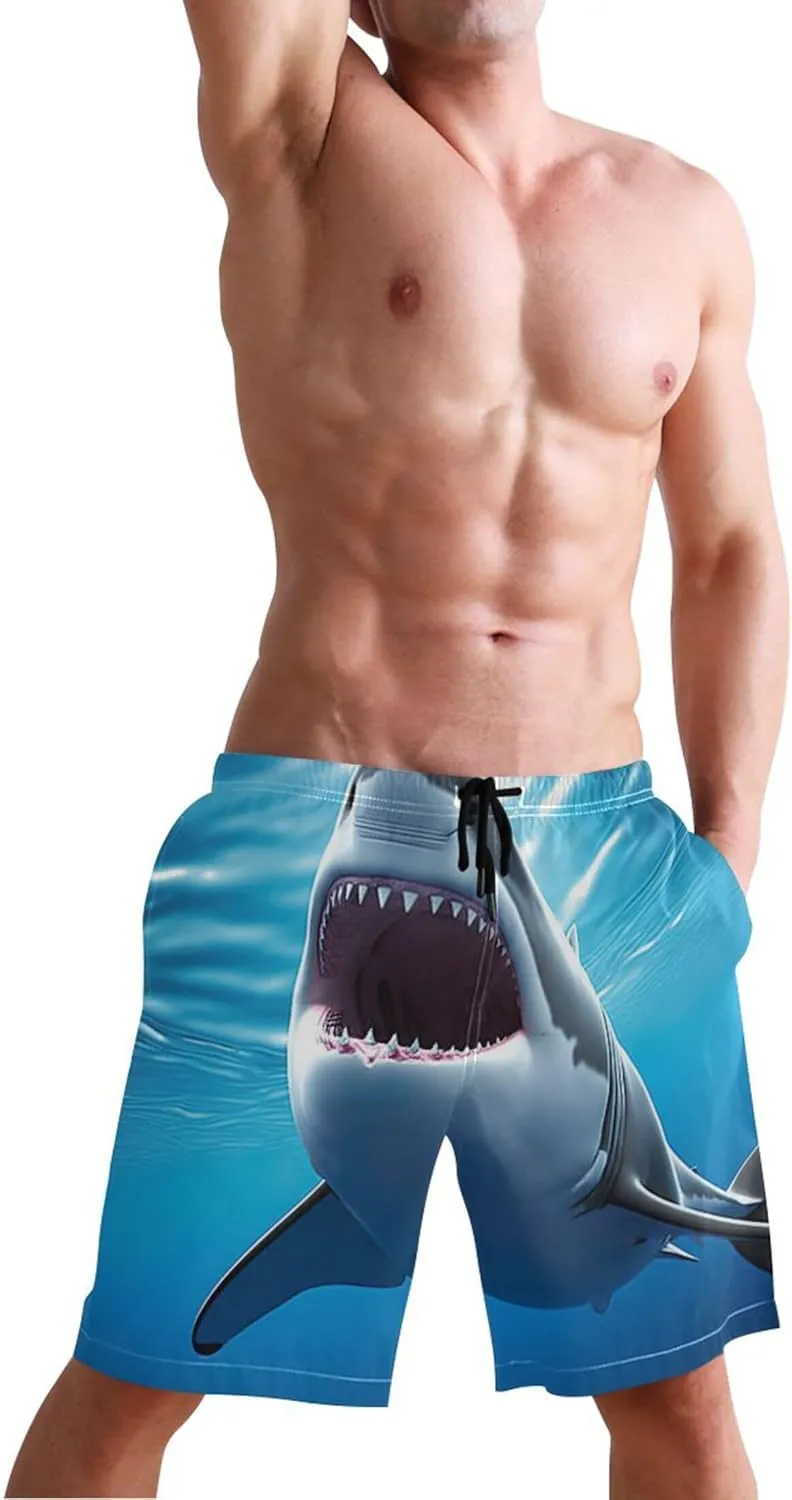 White Shark Blue Ocean Beach Swimming Shorts Men Swim Trunks Funny Hawaiian Drawstring Shorts S