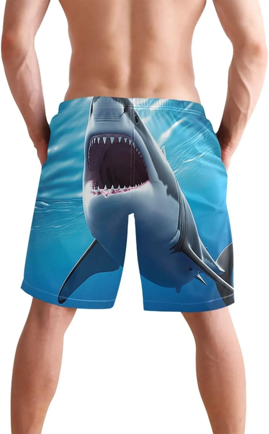 White Shark Blue Ocean Beach Swimming Shorts Men Swim Trunks Funny Hawaiian Drawstring Shorts S
