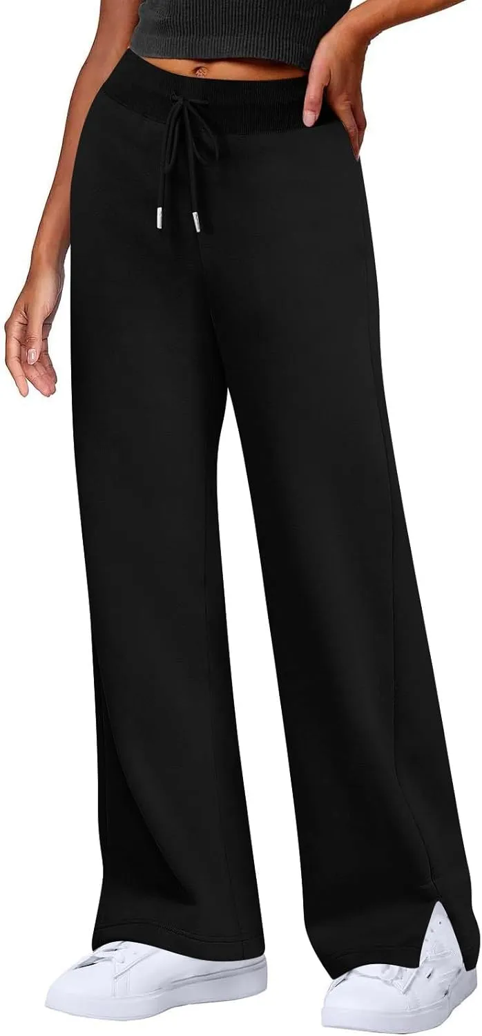 Wide Leg Sweatpants for Women Fleece Side Slit Flare Workout Pants with Pockets Casual Comfy High Waisted Cargo Pants