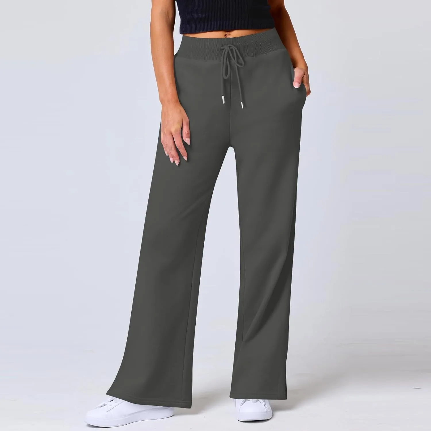 Wide Leg Sweatpants for Women Fleece Side Slit Flare Workout Pants with Pockets Casual Comfy High Waisted Cargo Pants