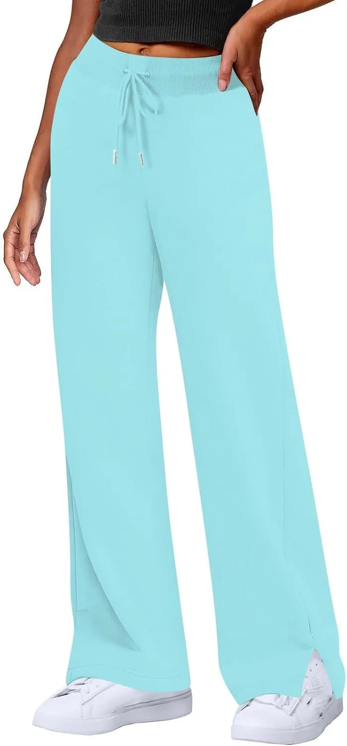 Wide Leg Sweatpants for Women Fleece Side Slit Flare Workout Pants with Pockets Casual Comfy High Waisted Cargo Pants