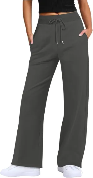 Wide Leg Sweatpants for Women Fleece Side Slit Flare Workout Pants with Pockets Casual Comfy High Waisted Cargo Pants