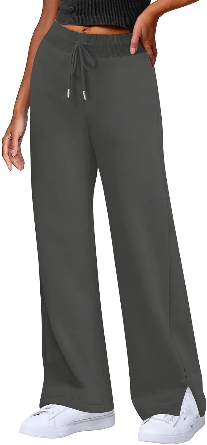 Wide Leg Sweatpants for Women Fleece Side Slit Flare Workout Pants with Pockets Casual Comfy High Waisted Cargo Pants