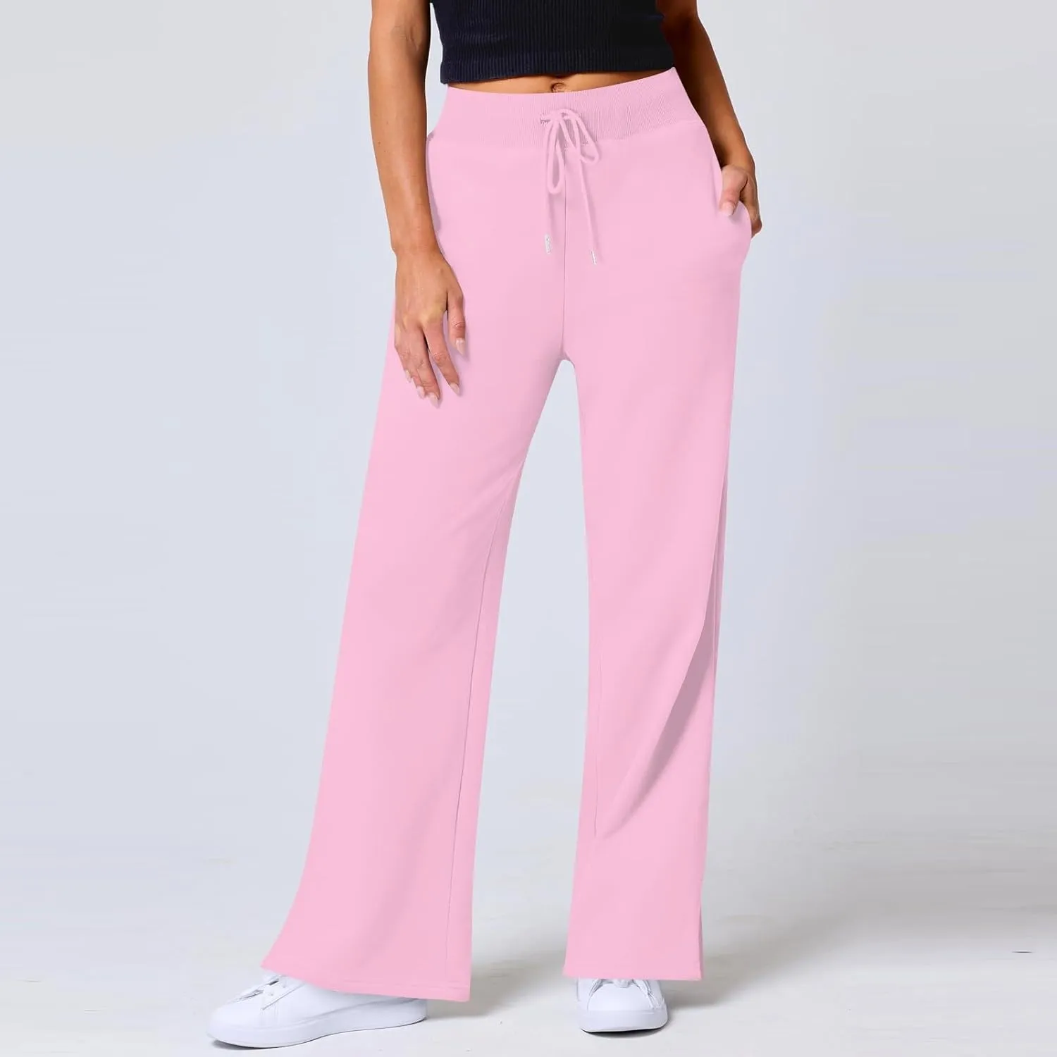 Wide Leg Sweatpants for Women Fleece Side Slit Flare Workout Pants with Pockets Casual Comfy High Waisted Cargo Pants