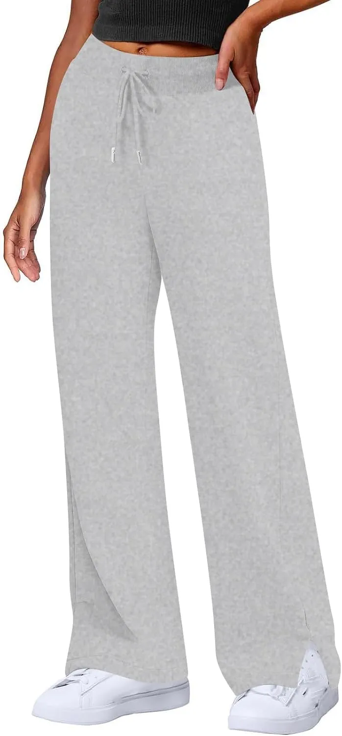 Wide Leg Sweatpants for Women Fleece Side Slit Flare Workout Pants with Pockets Casual Comfy High Waisted Cargo Pants