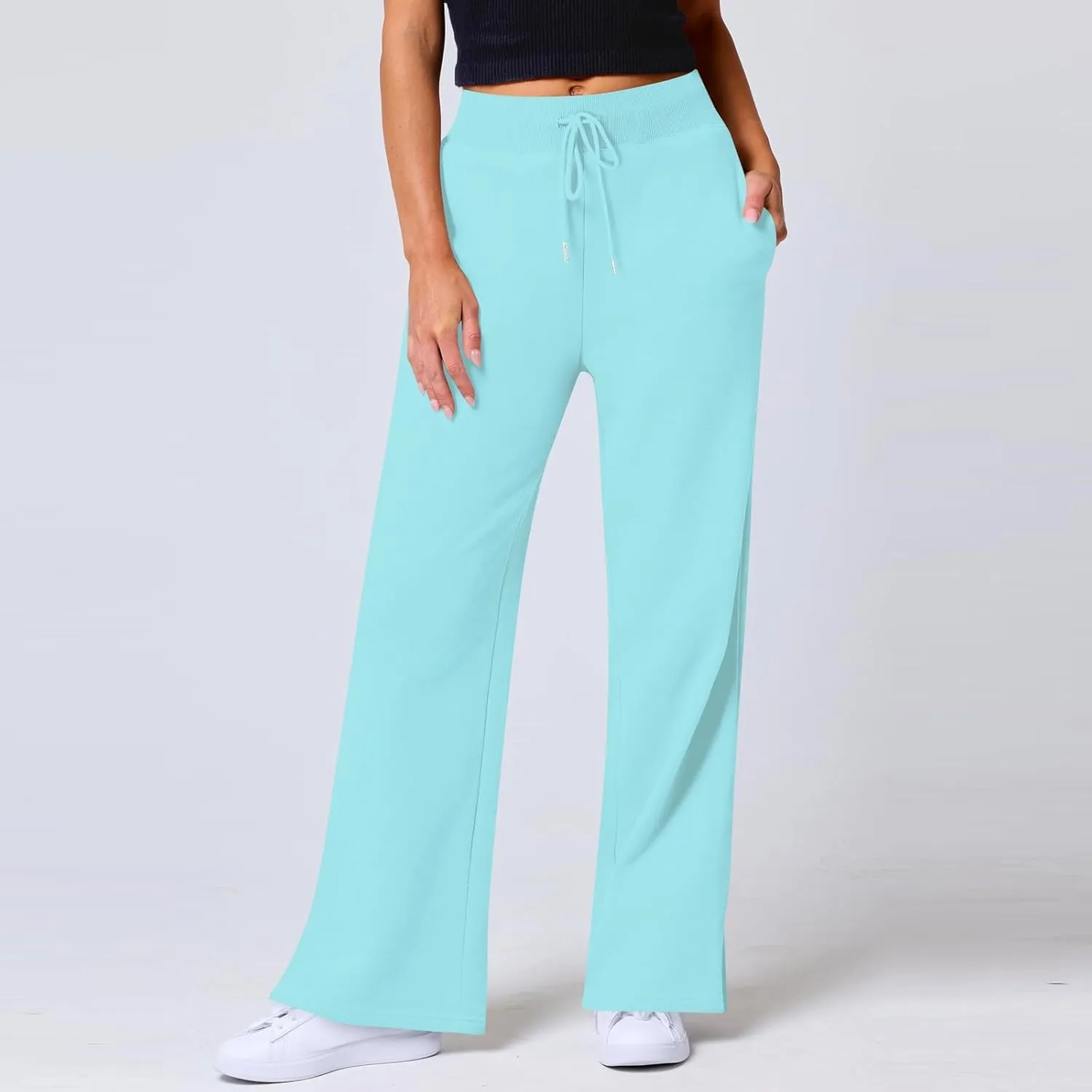 Wide Leg Sweatpants for Women Fleece Side Slit Flare Workout Pants with Pockets Casual Comfy High Waisted Cargo Pants