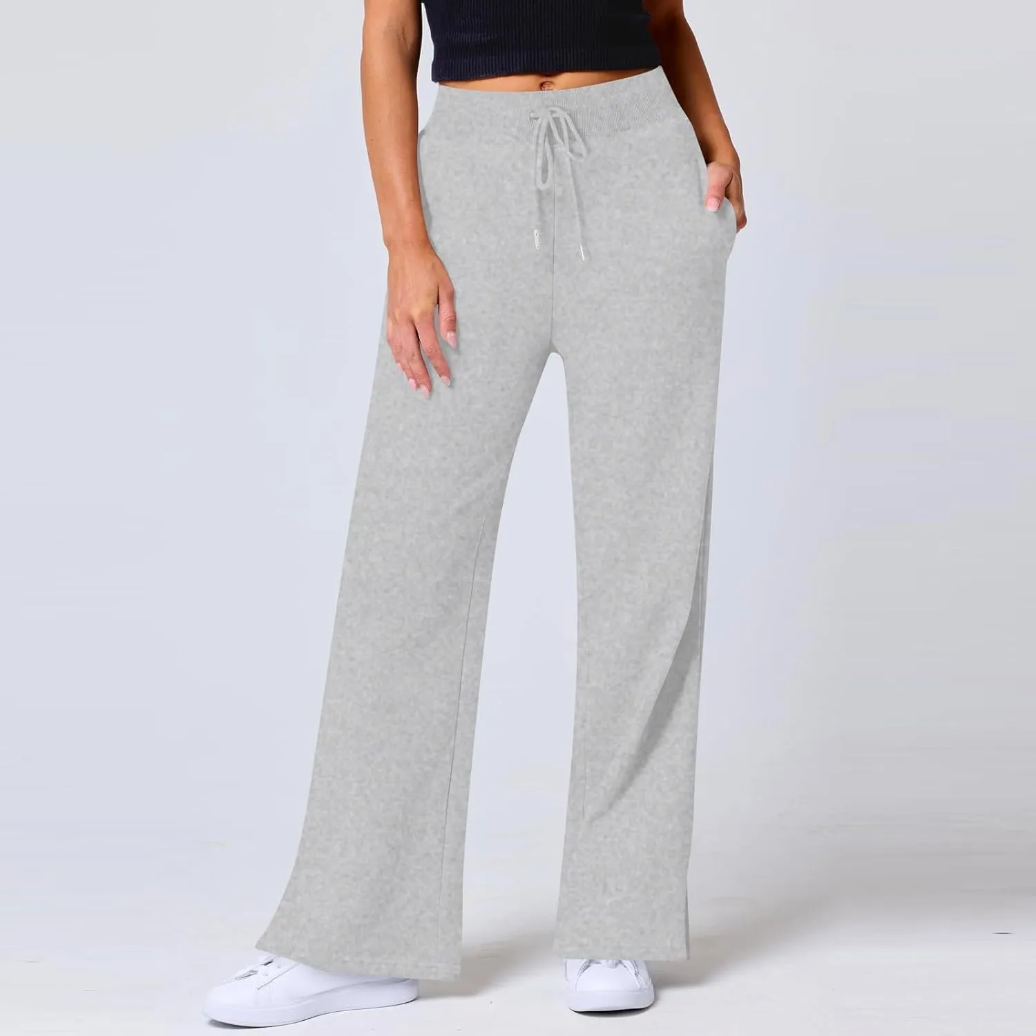 Wide Leg Sweatpants for Women Fleece Side Slit Flare Workout Pants with Pockets Casual Comfy High Waisted Cargo Pants