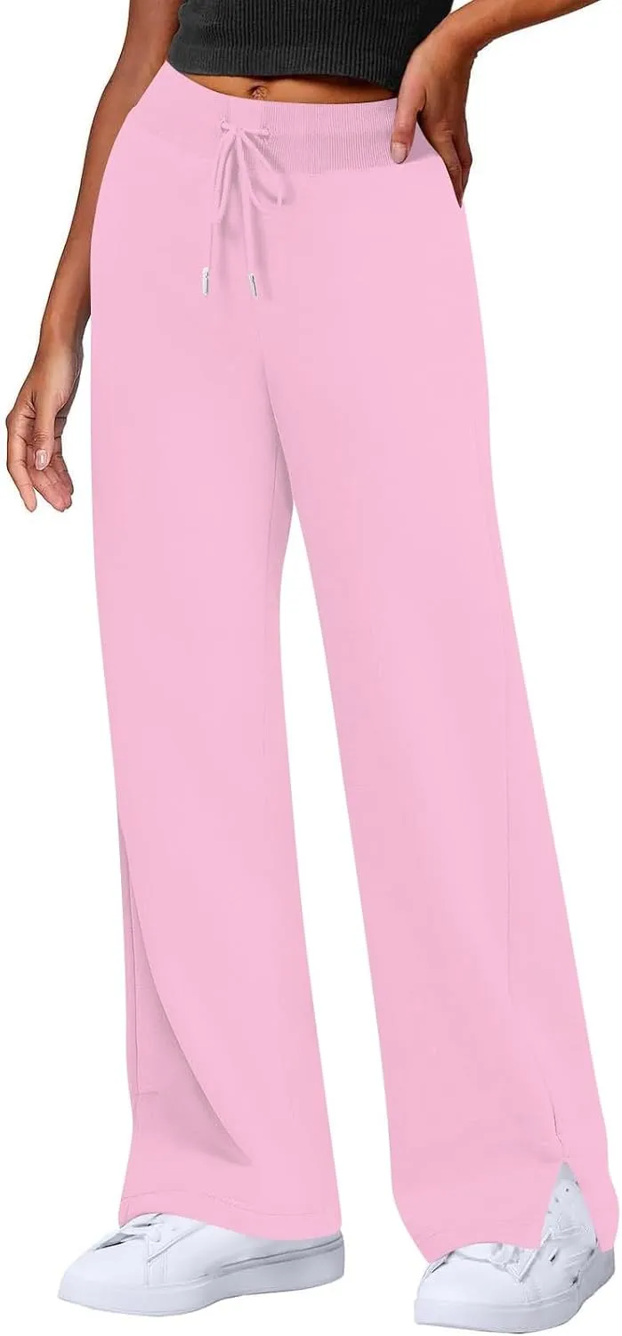 Wide Leg Sweatpants for Women Fleece Side Slit Flare Workout Pants with Pockets Casual Comfy High Waisted Cargo Pants